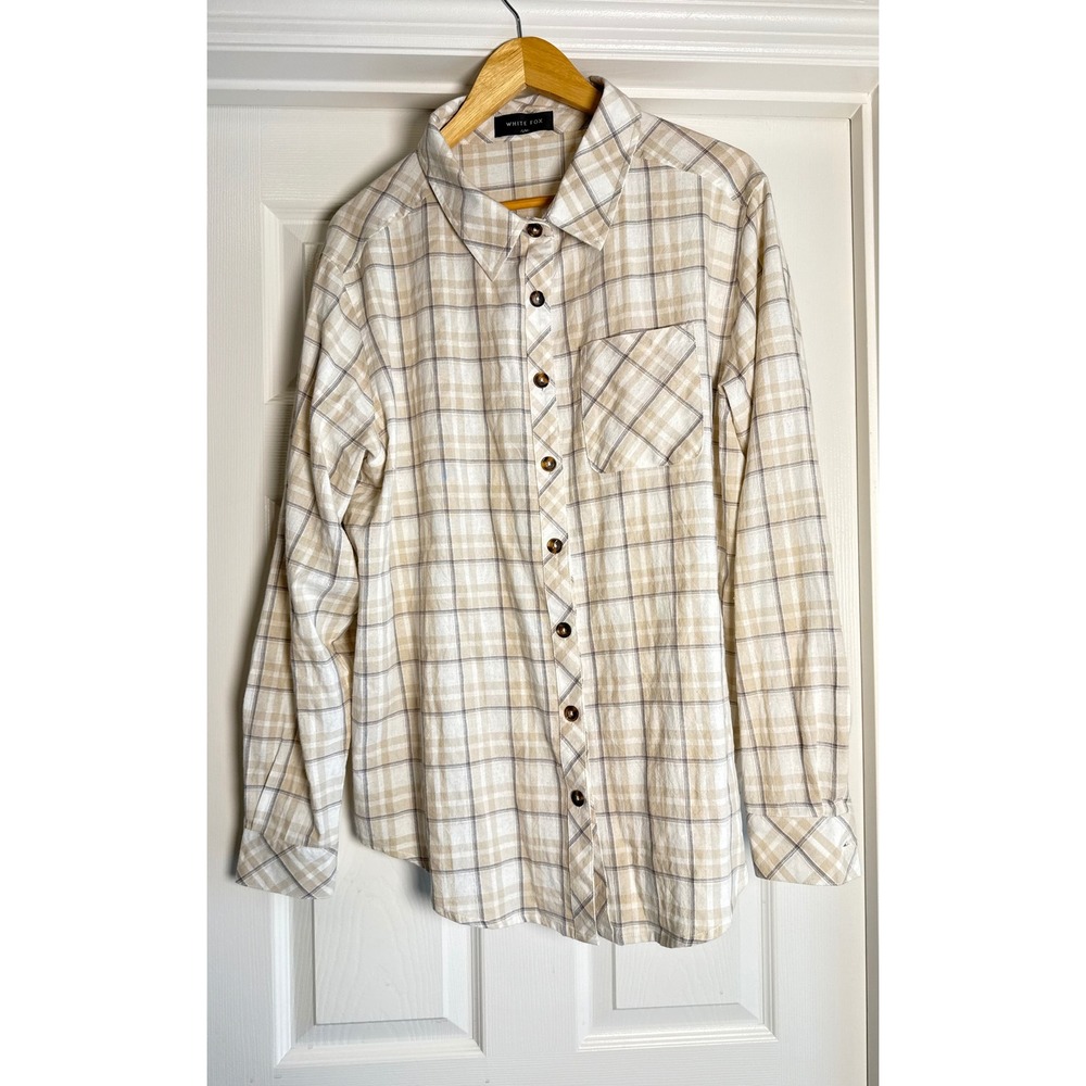 White Fox Plaid Button Down Shirt Womens S/M Beige Cream Cotton Long Sleeve